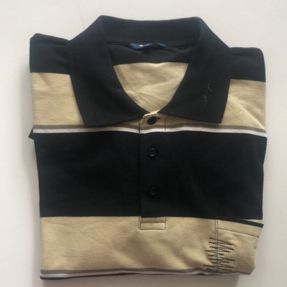 Mayer Basic Black Beige Stripe Polo Shirt For Men 3 button One Pocket XXL - Picture 7 of 7